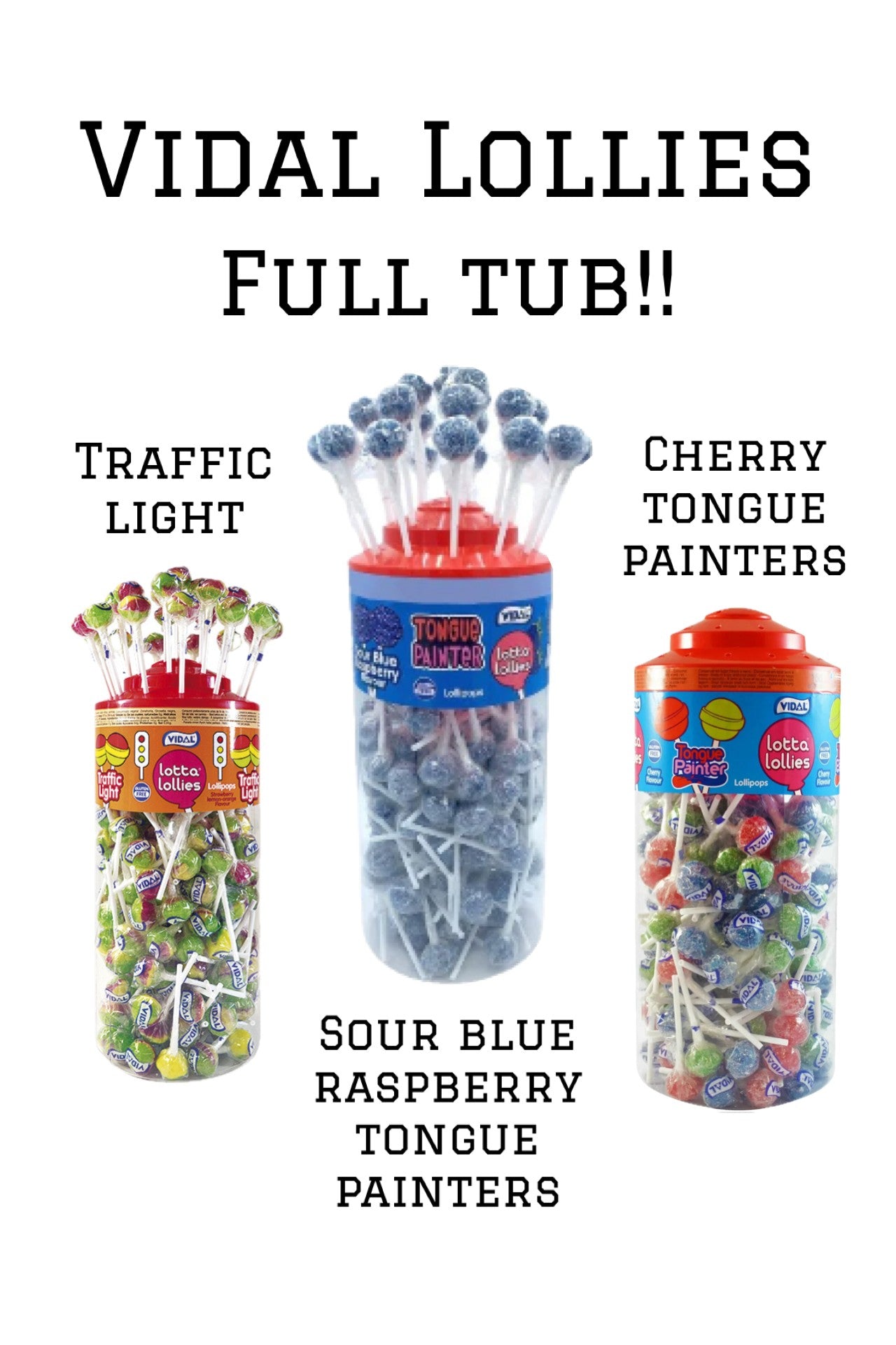 Vidal Lotta 150 Lollies Full Tub, Sour Blue Raspberry Tongue Painter, Traffic Light or Cherry Tongue Painter